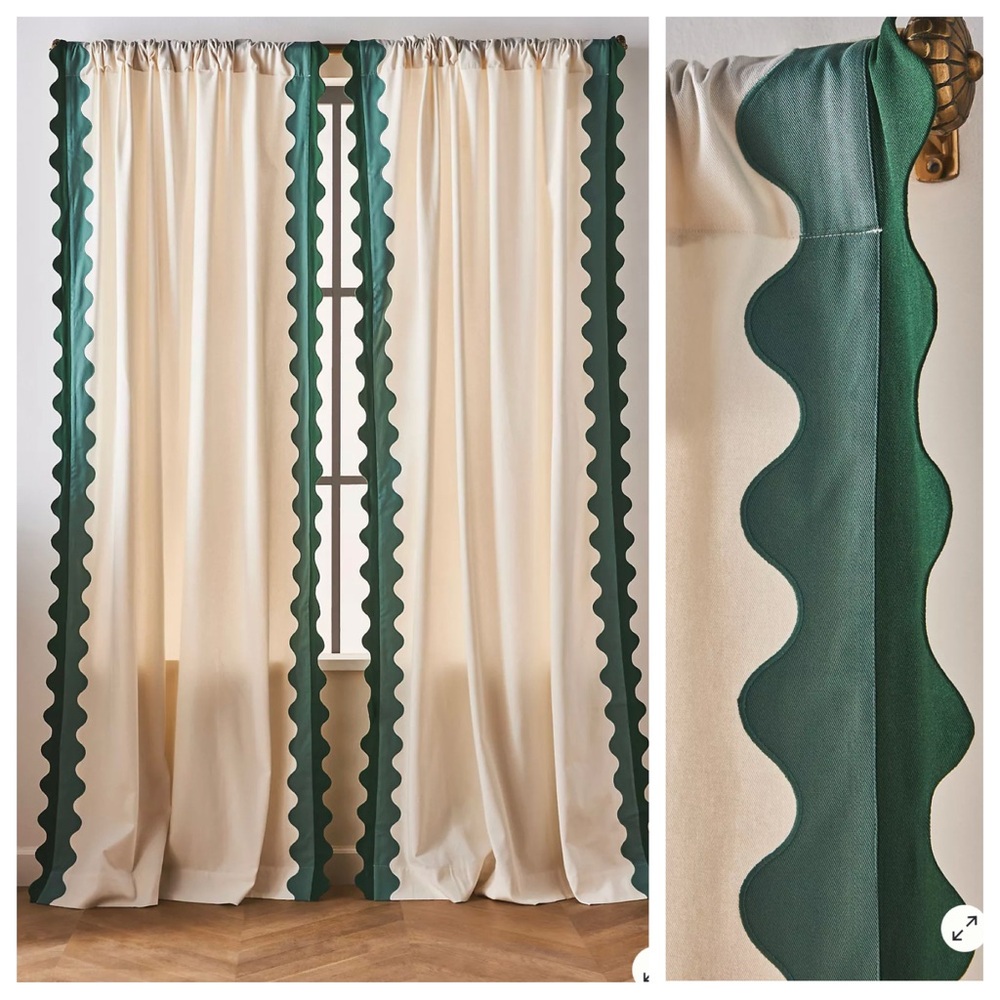 Anthropologie Maeve Scalloped Cotton Curtain in Green Set of 2 - 84” | NWT